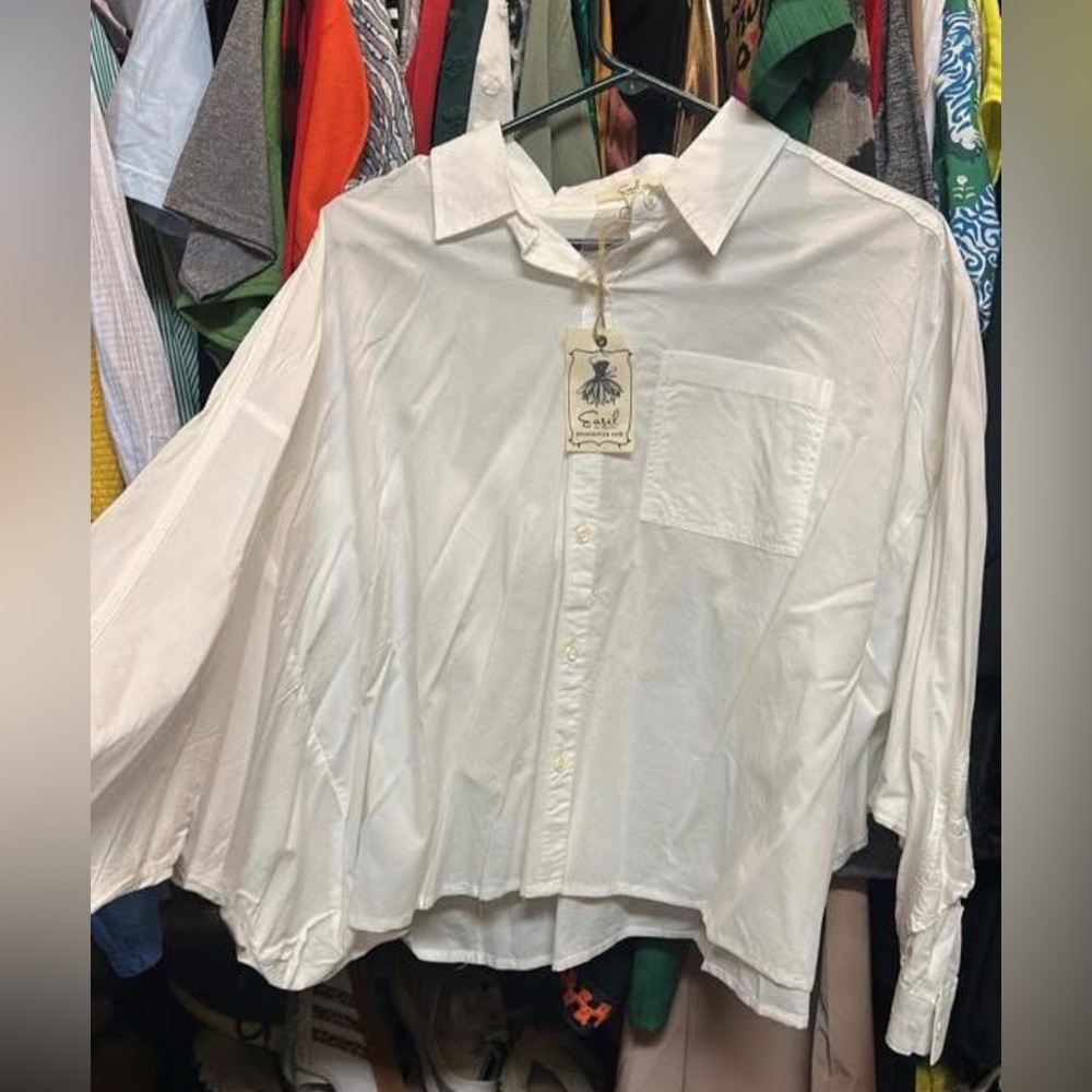 Easel White Button-Up Shirt with Unique Ruffle in Back